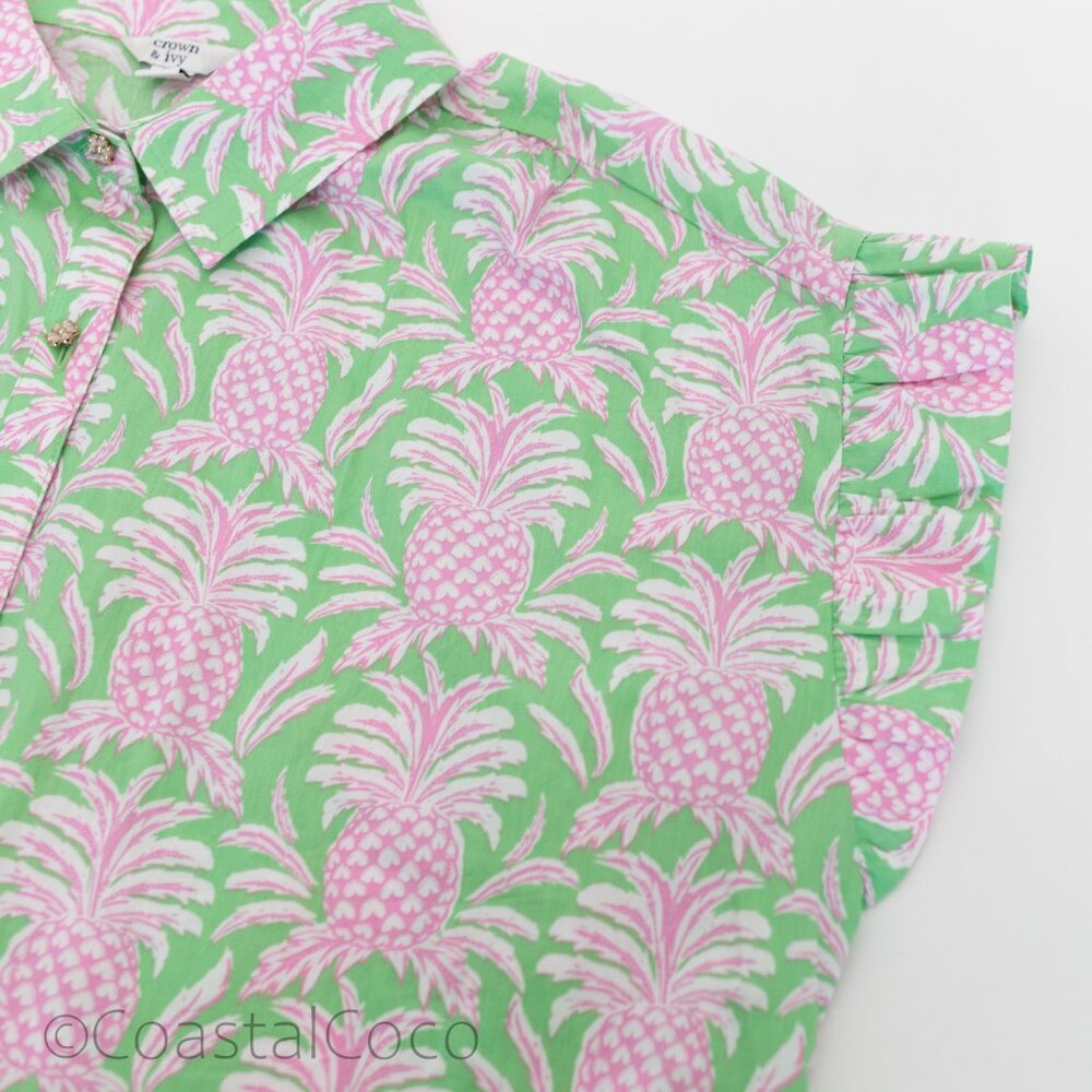 Crown & Ivy Pineapple Button Down L Shirt 100% Cotton Tropical Vacation Coastal - Picture 7 of 12
